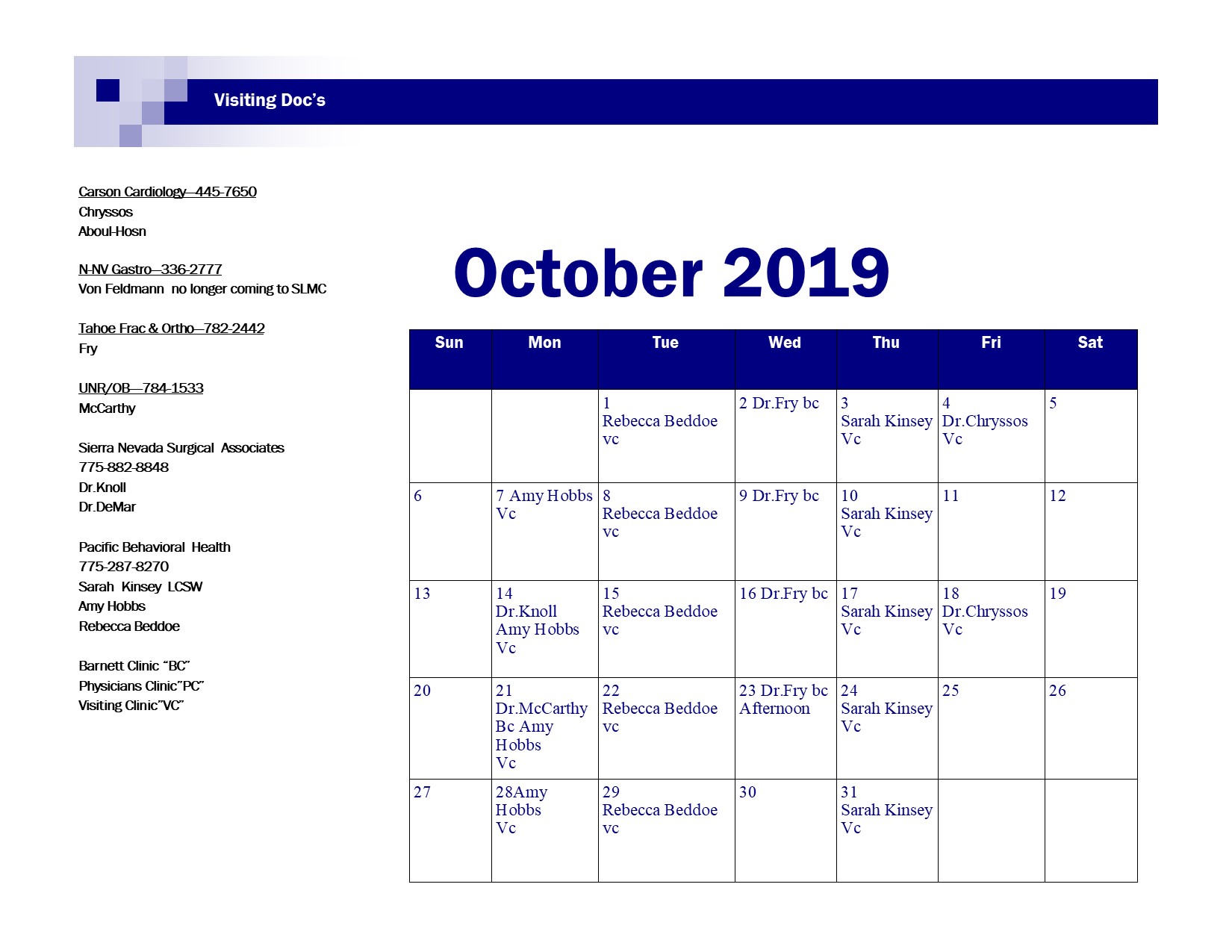 October 2019 Visiting Doc Schedule October 2019 Visiting Doc Schedule