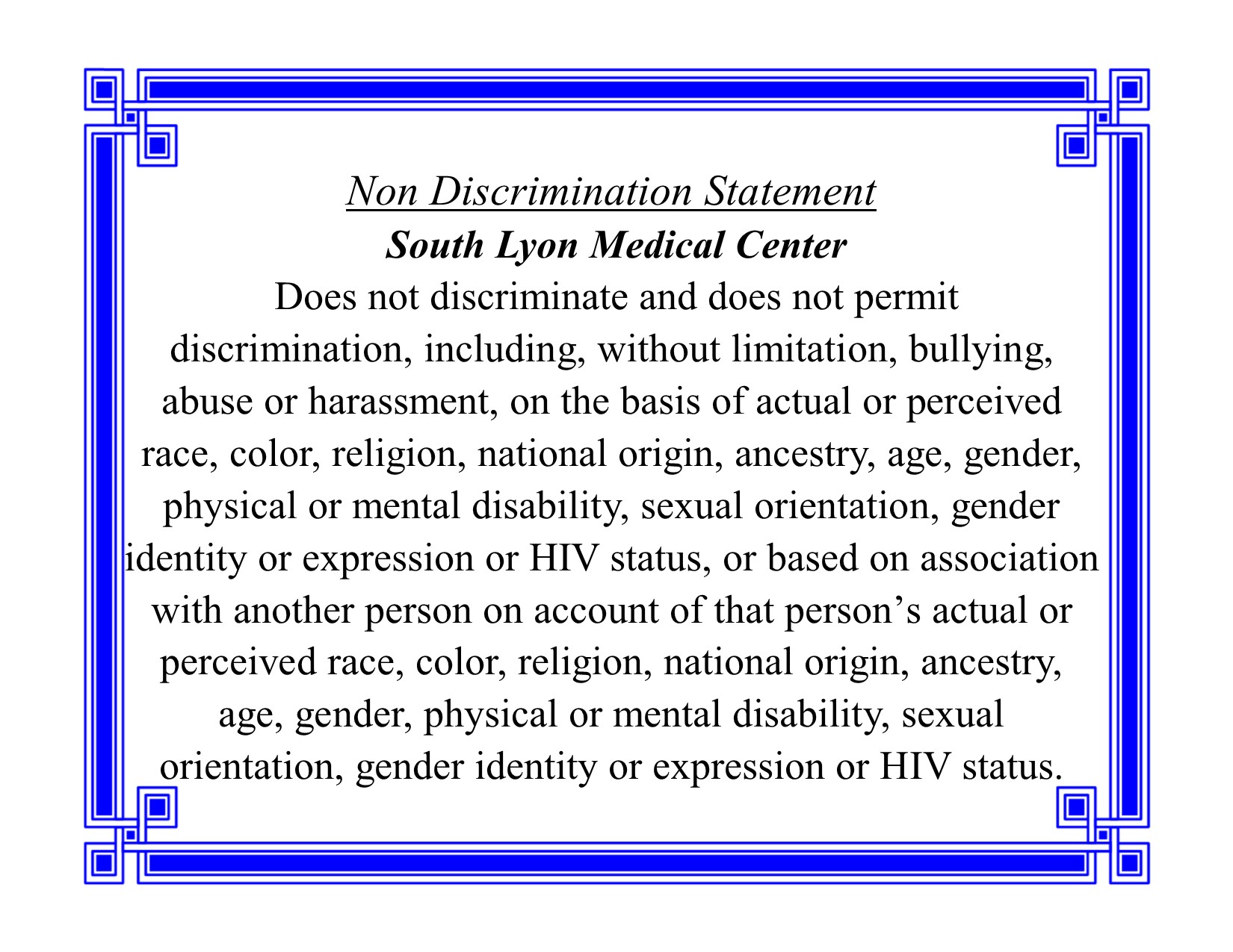 Non Discrimination Statement South Lyon Medical Center   2020 Non Discrimination Statement 