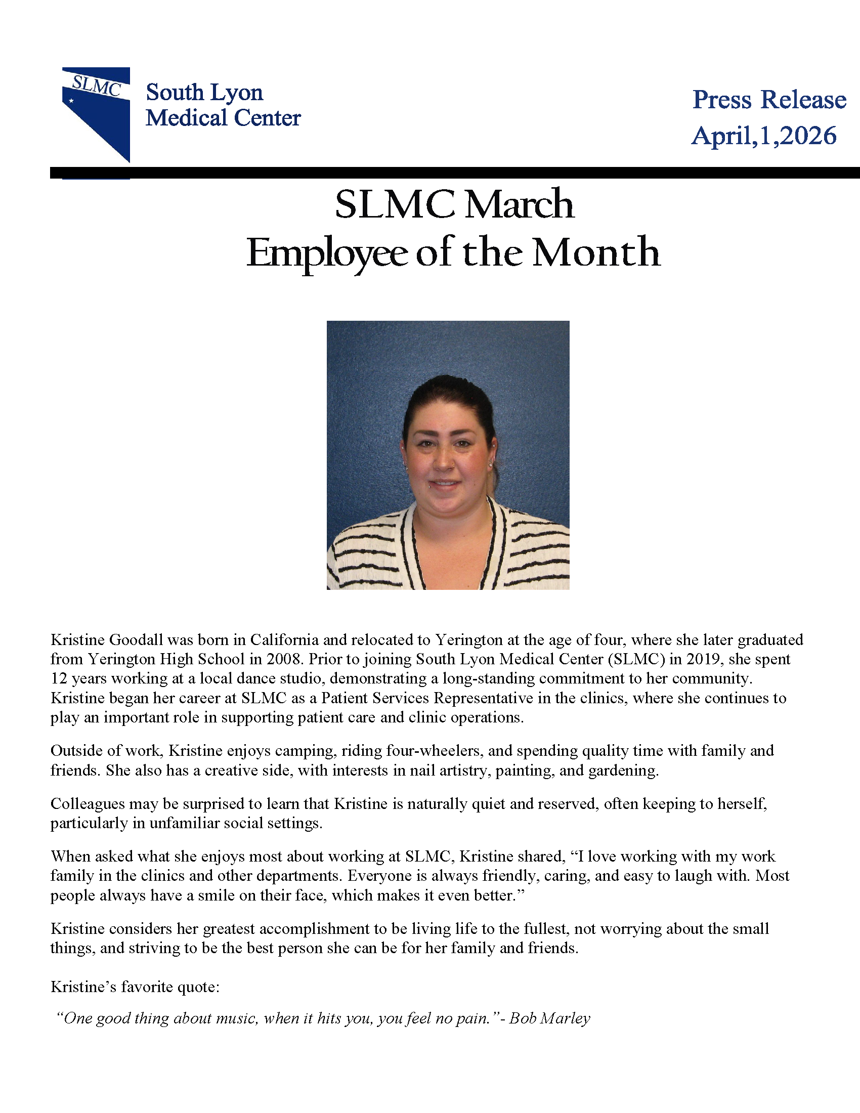 Employee of the month March 2026 Kristine Goodall