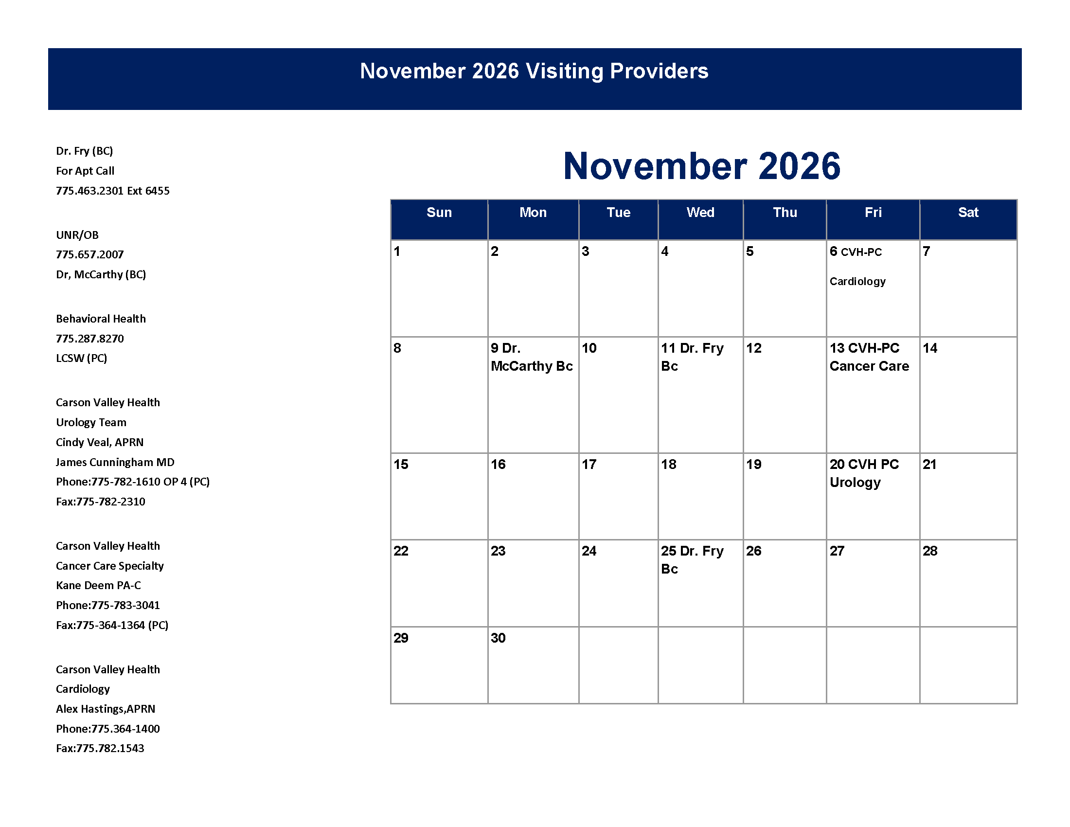 November Visiting Providers 2026